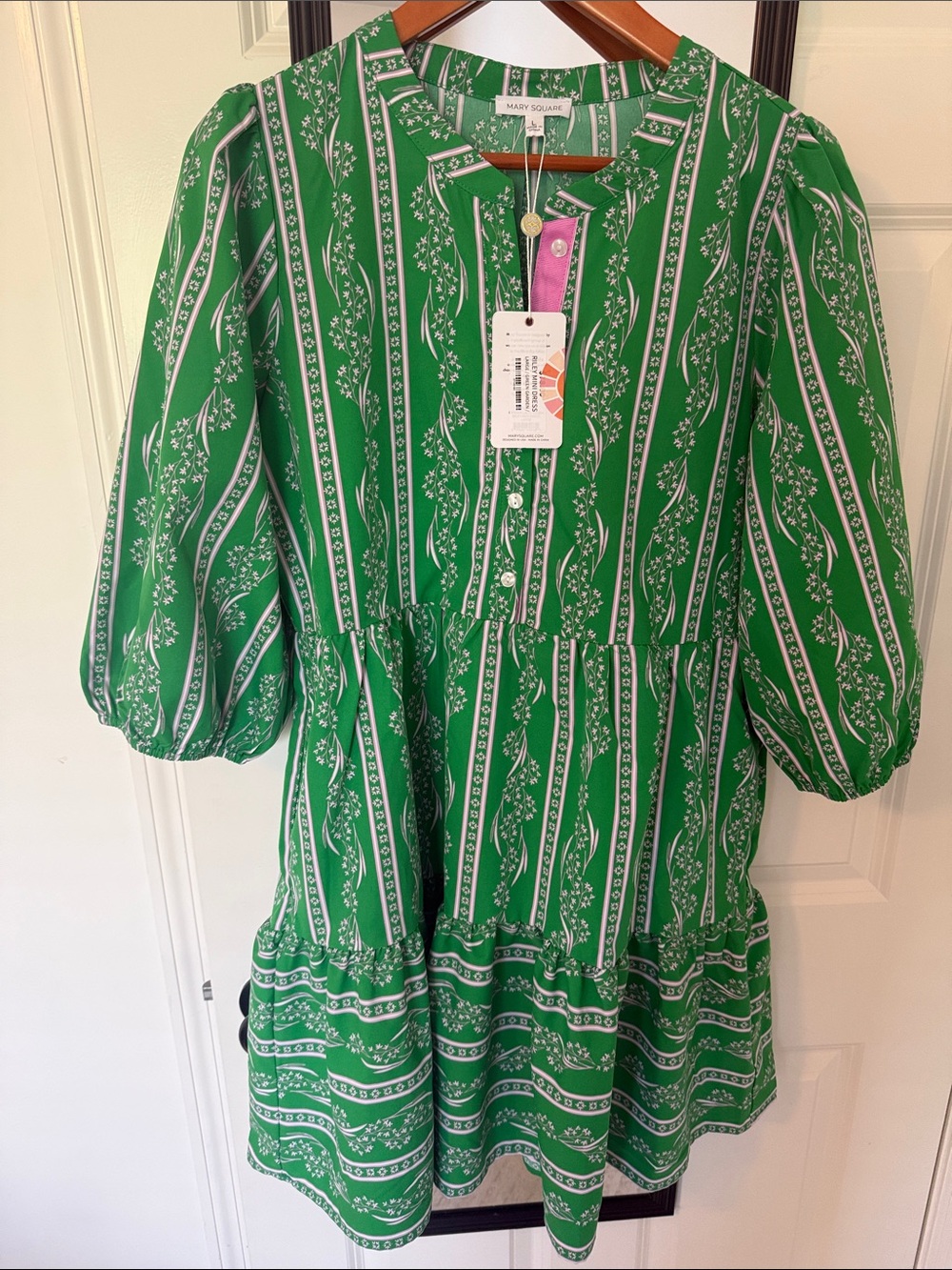 Mary Square Green Floral Print Tiered Mini Dress | Size Large | NWT